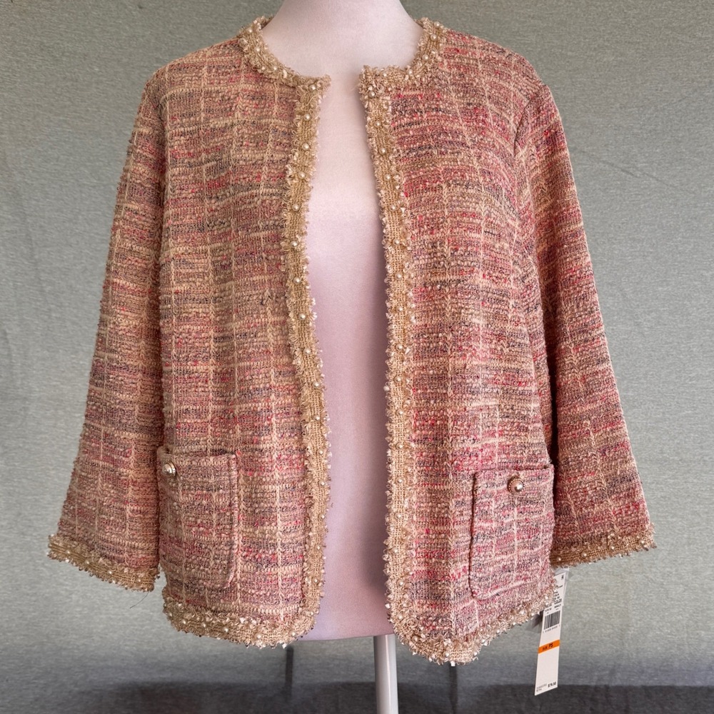 Alfred Dunner Magnolia Springs Tweed Cardigan Jacket Pink Multi Pearl Trim PS - Picture 2 of 10